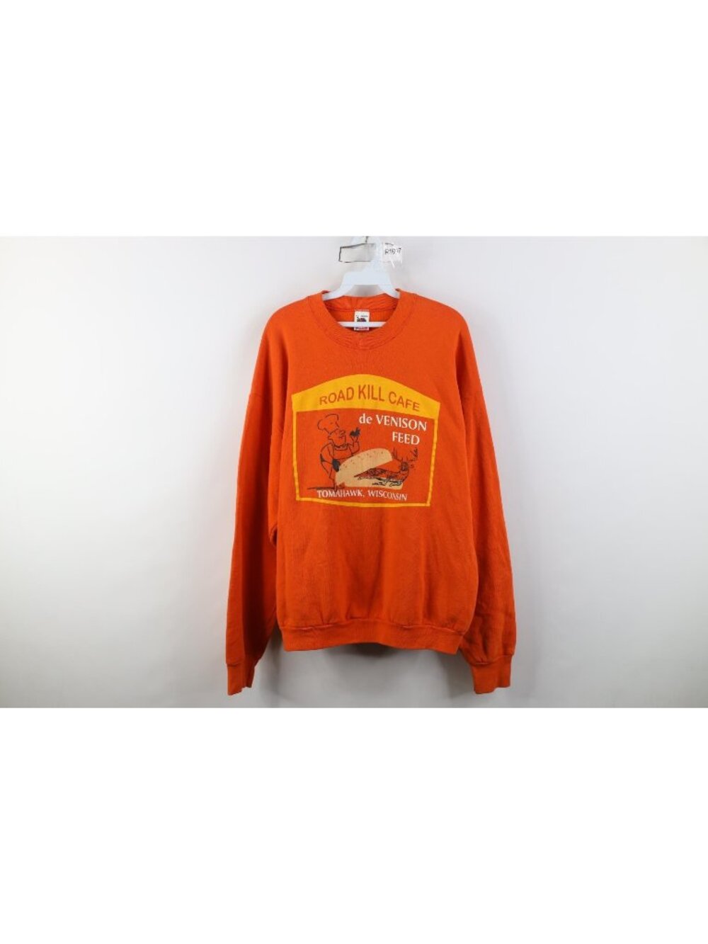 Vtg 90s Mens XL Faded Road Kill Cafe de Venison Deer Buck Sweatshirt Orange USA